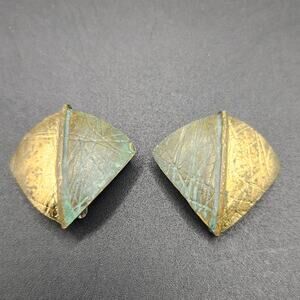 Geometric Fan Kite Brass Tone Earrings Green Patina Boho Modernist Pierced Pair
